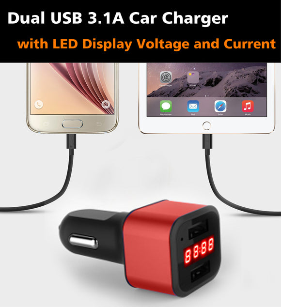 Car Charger 12-24V Dual USB 5V 3.1A with LED Display Voltage and Current-Red - #KC-2U003