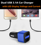 Car Charger 12-24V Dual USB 5V 3.1A with LED Display Voltage and Current-Blue - #KC-2U005