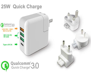 Quick Charge 3.0 25W 4-Port USB Type C Wall Charger Travel Set w/EU UK AU Plug - #KC-4U01